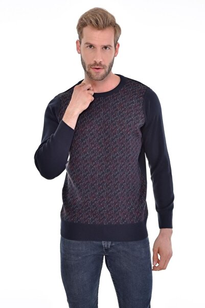 Çizgi Triko Чоловічий светр з круглим вирізом, темно-синій, з візерунком на рукавах і талії, еластична тканина, сталеве плетіння
