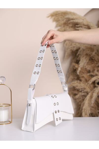 Modamorfo Asymmetric Baguette Bag with Handle and Eyelet Detail