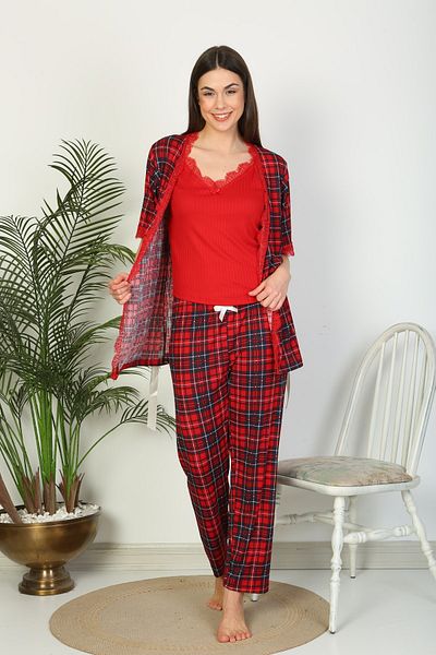 Tamay Boxer Summer Set (Rope Strap Pajama Bottoms with Dressing Gown) Three Piece Set Pegasus Fabric Plaid Patterned
