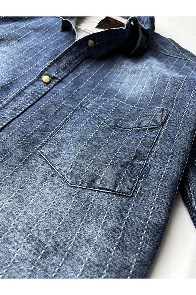 GULF BIRD Slim Fit Pure Cotton Denim Υφασμάτινο Τζιν Πουκάμισο--Navy Drawsking Antique-