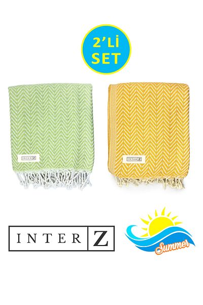 INTER Z Σετ 2 πετσέτες θαλάσσης Peshtemal, 100% βαμβάκι, Xxl 100x180cm, Marmaris, Πράσινο Φιστίκι Κίτρινο