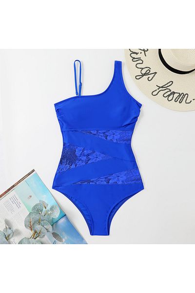 EZRA Saks Blue Lace Detailed Women's One Shoulder Bodysuit Swimsuit