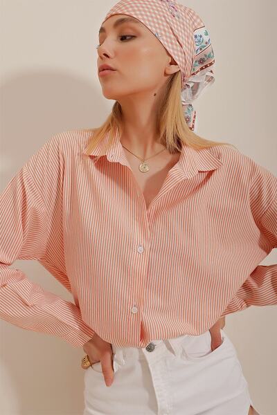 Trend Alaçatı Stili Női narancssárga csíkos túlméretes ing ALC-X10232