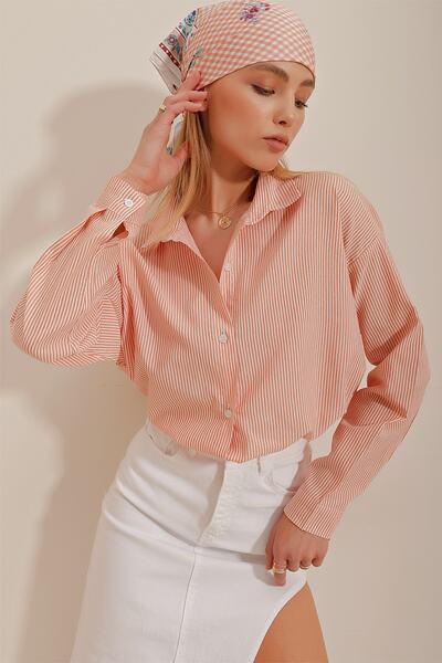 Trend Alaçatı Stili Női narancssárga csíkos túlméretes ing ALC-X10232