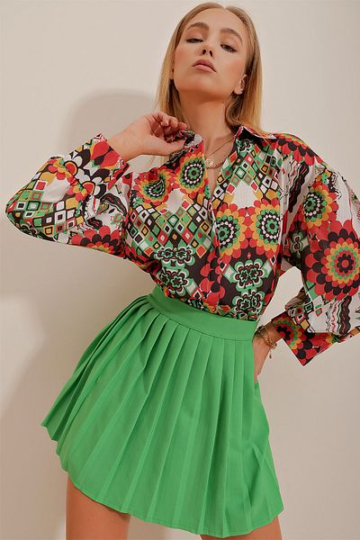 Trend Alaçatı Stili Women's Orange-Green Princess Ethnic Patterned Flamed Linen Woven Shirt ALC-X10399