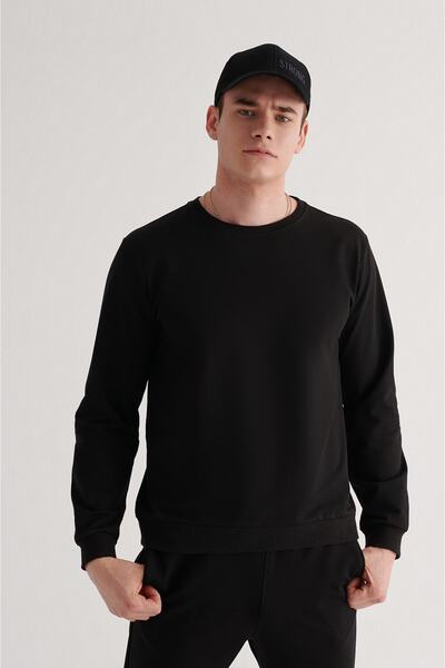 AYD Men's Black Sweatshirt European Pattern Unisex Crew Neck Cotton Inside