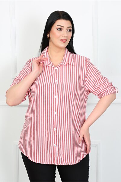 By Alba Collection Γυναικείο πουκάμισο από ύφασμα γκοφρέ με κόκκινες ρίγες σε...