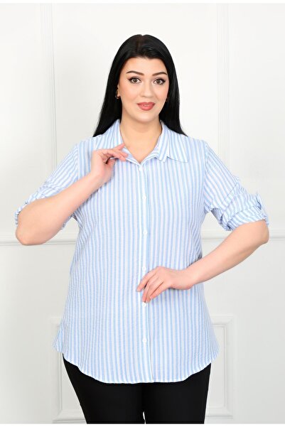 By Alba Collection Γυναικείο πουκάμισο από ύφασμα Indigo ριγέ Gofre σε μεγάλο...