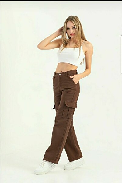 Livik Brown LYcra Cargo Pocket Extra High Waist Back Pocketless Women's Palazzo Jeans