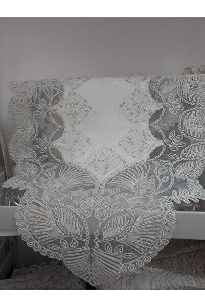 erayceyiz Krem Rengi Kadife Kumaşa Fransız Güpürlü 5 Parça Runner Salon Takımı