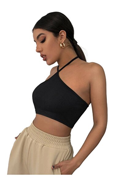 Liona Women's Halter Neck Black Color Crop Top Blouse