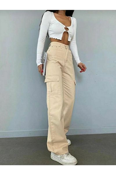 Trn JNS Hayley Damen-Palazzo-Jeans in Beige mit extra hoher Taille, Tasche und ohne Gesäßtasche
