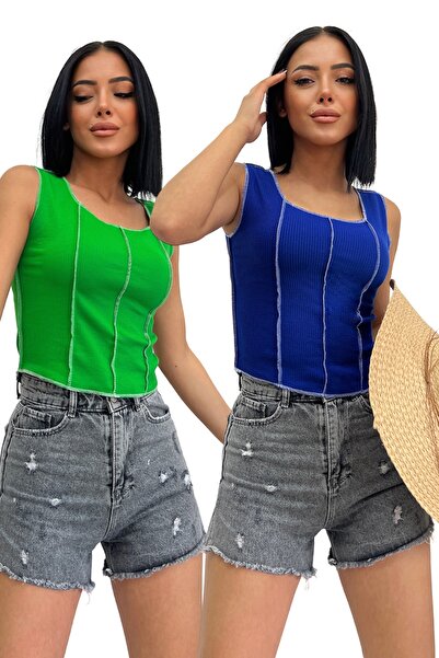 ALFUDO Moda Collection Γυναικεία Μπλούζα Μπλε Πράσινη με Ραφές και Κοντό Σχέδ...