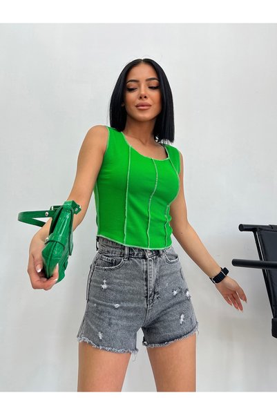 ALFUDO Moda Collection بلوزة نسائية مضلعة ذات خياطة خلفية زرقاء وخضراء مكونة من قطعتين