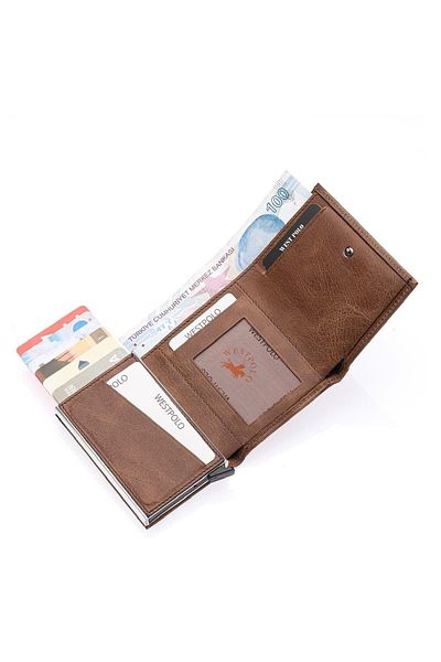 Westpolo Πορτοφόλι Safari Unisex Mechanism από γνήσιο δέρμα με πολλές θήκες για κάρτες