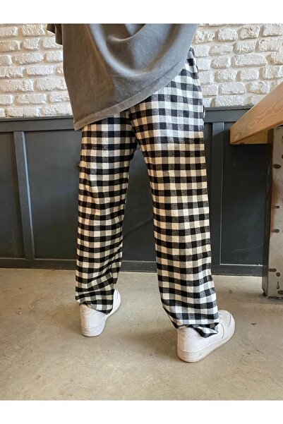 weywot Y2k Unisex Black and White Plaid Wide Leg Trousers with Elastic Waist