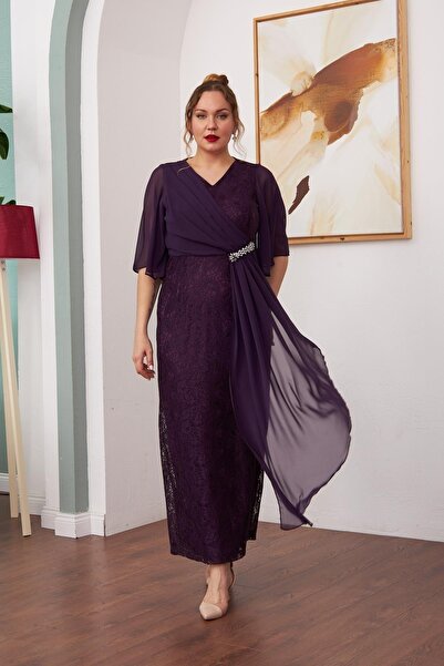 RMG Chiffon Garnished Lace Plus méretű hosszú szilva ruha