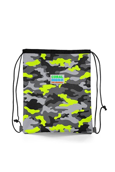 Coral High Kids Black Gray Camouflage Patterned Drawstring Drawstring Backpack 22454
