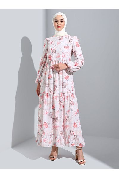 Refka Scallop Embroidered Floral Patterned Hijab Dress - Off White - Casual