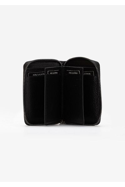Niki Leather Unisex Black Arahi Vintage Leather Zippered Card Holder Wallet