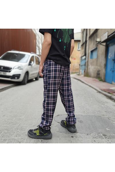 Köstebek Pink Striped Plaid Trousers on Navy Blue