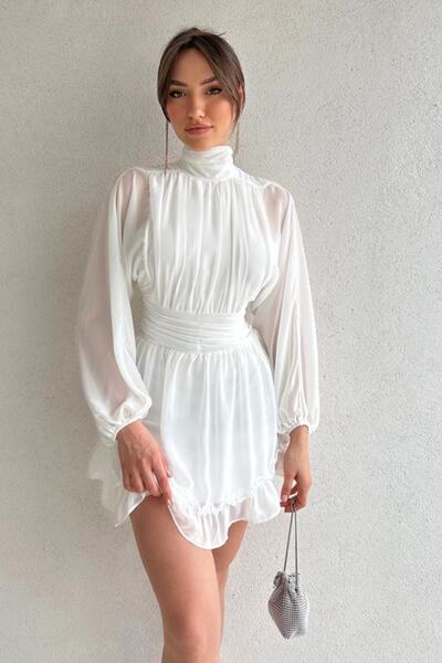 lovebox Rochie de seara albă cu mâneci lungi, țesătură din șifon căptușită, fără spate, Rochie de absolvire 066