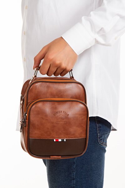 NEWISH POLO ACCESSORIES حقيبة يد وكتف رجالية مصنوعة من جلد القهوة بتصميم أنيق...