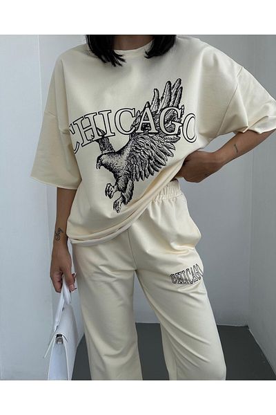 Keywest Large Size Eagle Printed Pocket Lettering Oversize Bottom Top Summer Suit