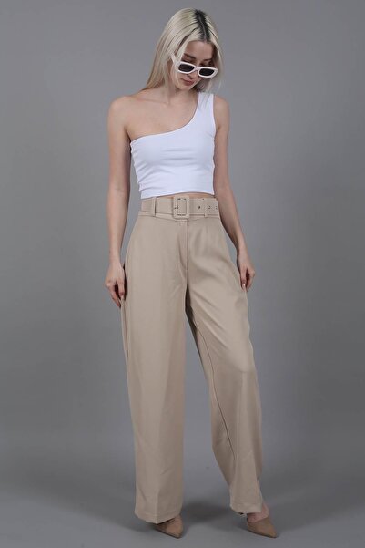 Madmext Basic Beige Palazzo Trousers - Belted, Women, Mg1838