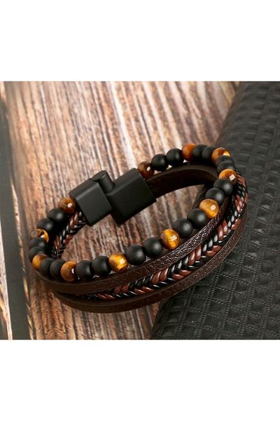 OSMANLI GÜMÜŞ Men's Bracelet - Men's Leather Bracelet - Men's Bead Bracelet - Leather and Bead Combination Bracelet