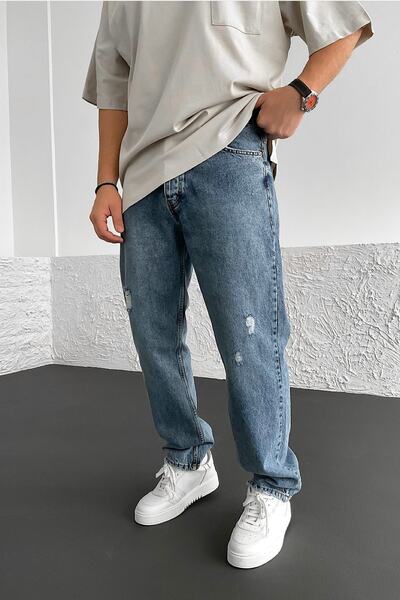 BDRMAN Baggy Rahat Kalıp Mavi Taşlamalı Yırtık Modelli Kot Pantolon