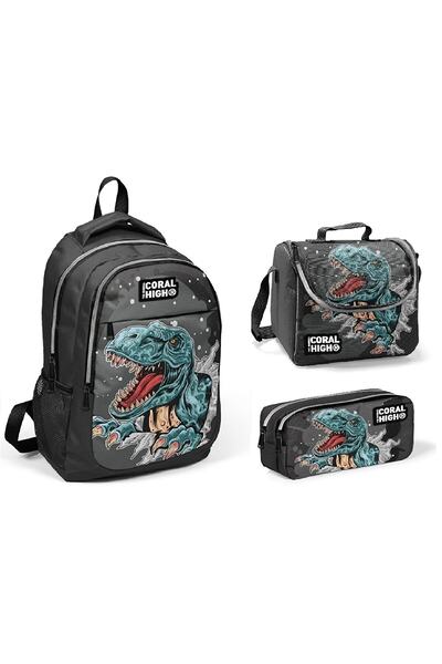 Coral High Dinosaur Patterned Three Compartment School Backpack, Thermo Lunch...