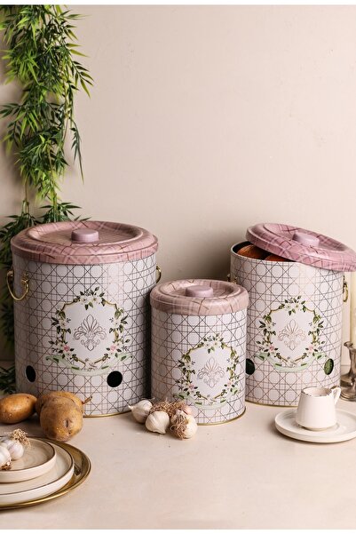 EVLE Metal Patates Soğan Kovası - Sebzelik - Patates Soğanlık Sepeti Sarımsaklık 3lü Set, Rosy Erb29u7