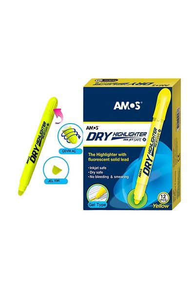 Amos Yellow Highlighter Gel Pen - Dry Turn Open, Box of 12