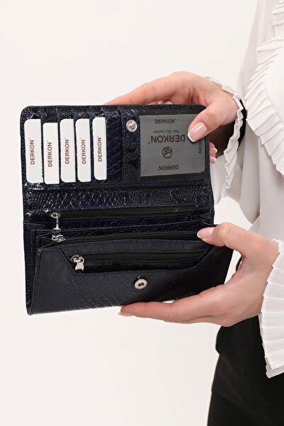 DERKON Timsah Desenli Kullanışlı Hakiki Deri Kadın Cüzdanı Lacivert