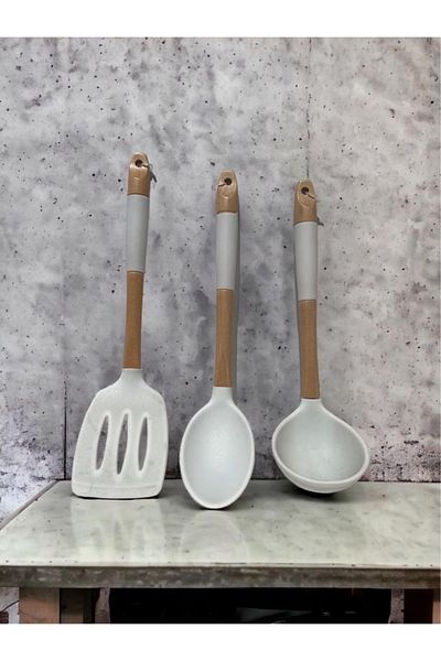 PERLAEVKAHVE Master 3-Piece Silicone Kitchen Set with Wooden Handle