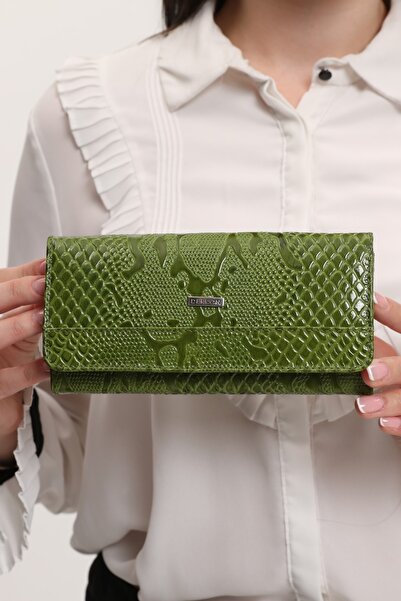 DERKON Crocodile Patterned Useful Genuine Leather Women's Wallet Green