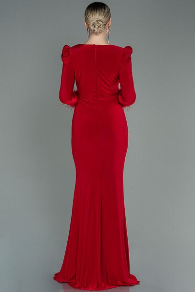 Abiyefon Red Openwork Long Sleeve Slit Evening Dress Abu2804