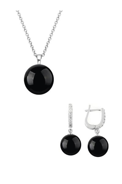 bymissmücevherat 925 Ayar Gümüş Yuvarlak Model Kolye Küpe Siyah Oniks Taşlı S...