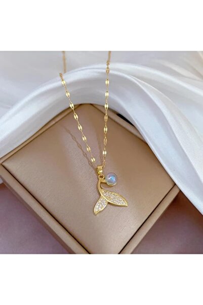 ESJ قلادة نسائية من الفولاذ المقاوم للصدأ بتفاصيل لؤلؤة ذيل السمكة مقاس 45 سم