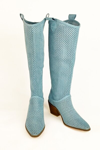 POTEEN Cizme de vară perforate cu toc înalt, albastru, stil Western Cowboy, p...