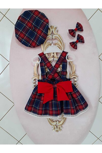 Eylülce Butik Lacivert Kız Çocuk/bebek Ekoseli Salopet Elbise & Şapka & Toka Takım