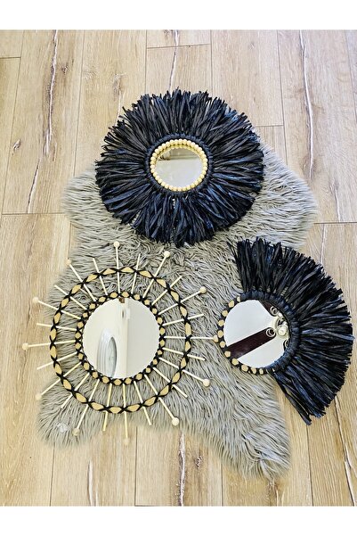 kattuna Wall Art Rafya Ve Boncuk Ayna Duvar Dekorasyon Ürünü 3’lü Siyah Set