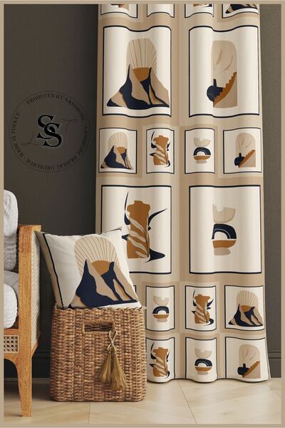 SasoHome 140 X 270 Cm Quality Digital Printed Background Curtain with Modern Ethnic Objects Pattern on a Cream Background