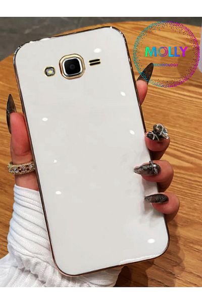 Molly Technology حافظة سيليكون فاخرة لهاتف سامسونج جالاكسي J7 كور مع حواف بيضاء لؤلؤية وتفاصيل ذهبية (متوافقة)