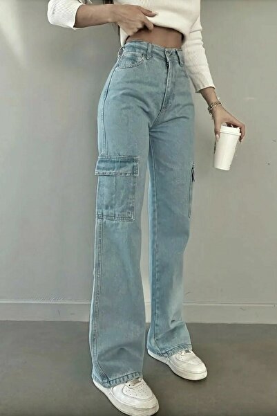 DRC trend Holly Baby Blue Cargo Loose Back Pocketless Lycra Super High Waist Jean Trousers