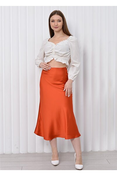 Nuseel Fusta din satin cu talie elastică pentru femei, lungime midi, cărămidă