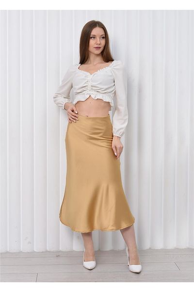 Nuseel Women's Elastic Waist Midi Length Satin Skirt Gold