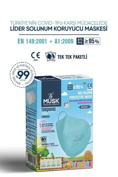 Musk N95 Çocuk Maske Turkuaz Renk Xs 10 Adet