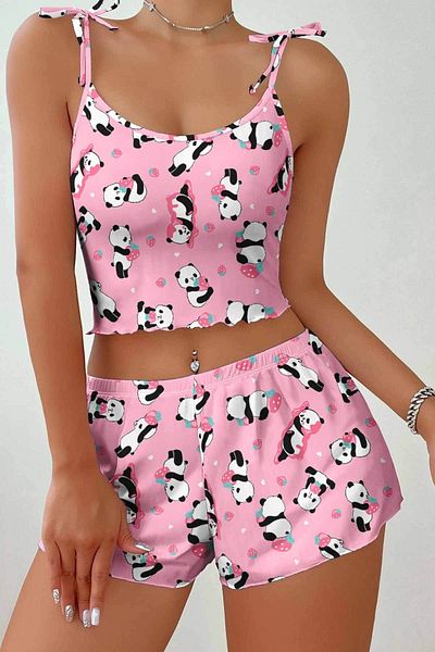 Çeyize dair herşey Set pantaloni scurți și pijamale roz cu model panda - 6421